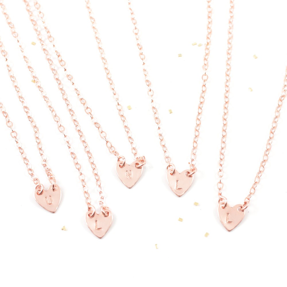 Bridesmaids Gifts Rose Gold Initial Heart Necklace Set (5)